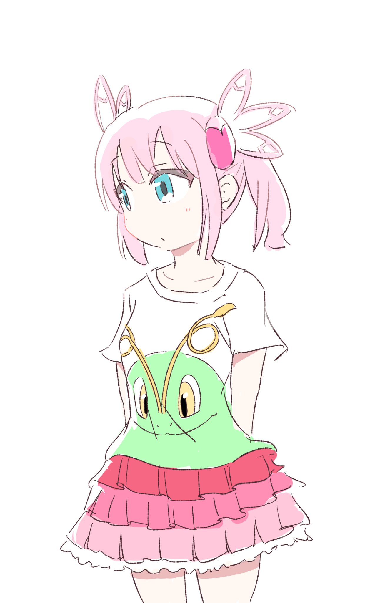 ads_(aaadrice), arms_behind_back, averting_eyes, character_print, chiyoda_momo, cowboy_shot, frilled_skirt, frills