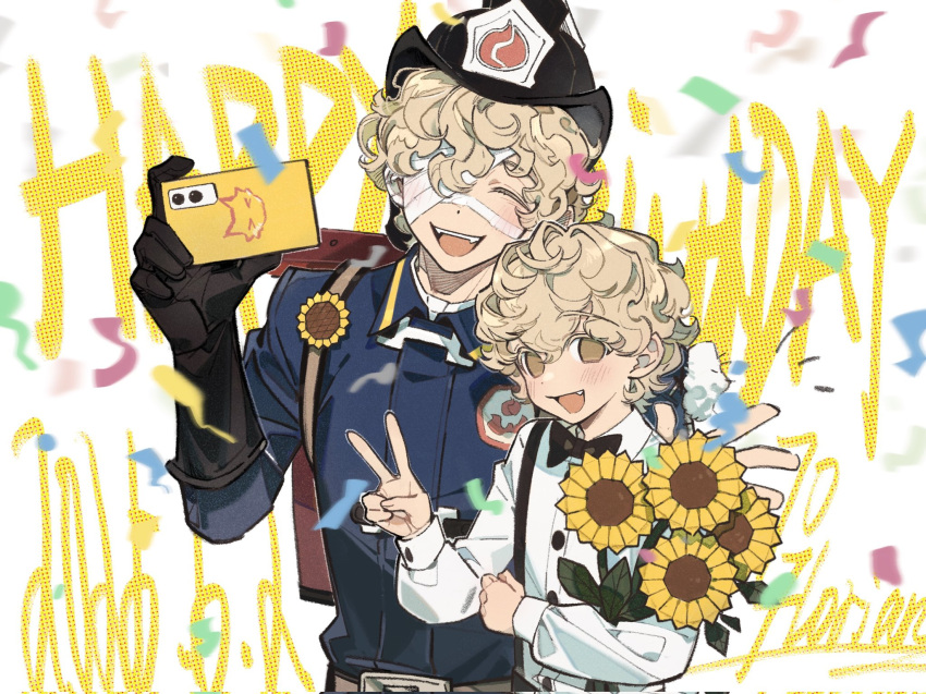 2boys, :d, ^_^, age_comparison, bandage_over_one_eye, black_bow, black_bowtie, black_gloves, blonde_hair, blue_coat, bow, bowtie, character_name, closed_eyes, coat, coldrex8, curly_hair, fang, florian_brand, flower, gloves, happy_birthday, highres, holding, holding_phone, identity_v, looking_at_viewer, male_focus, multiple_boys, phone, puffy_sleeves, shirt, single_glove, smile, striped_blush, sunflower, suspenders, time_paradox, upper_body, v, white_shirt, yellow_eyes