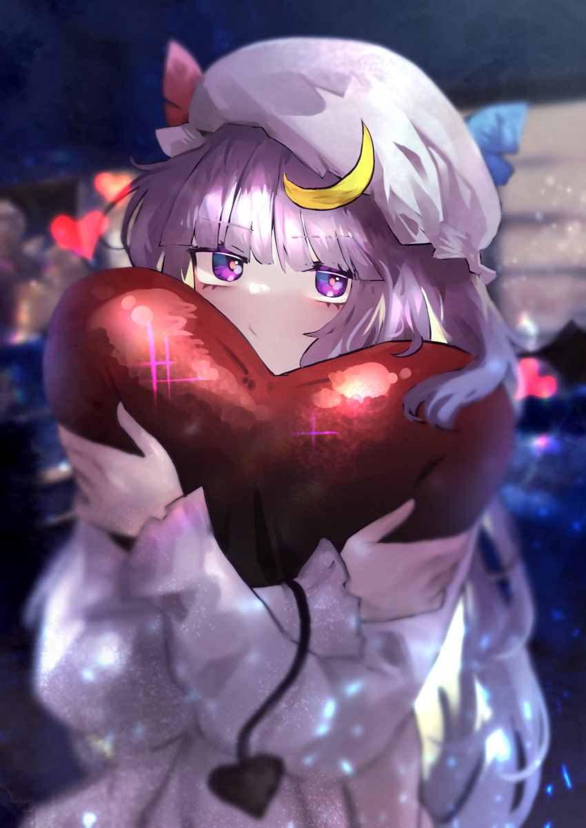 1girl, :/, absurdres, blunt_bangs, blush, commentary, crescent, crescent_hair_ornament, crossed_arms, dress, getsurai, hair_ornament, hat, heart, heart_cushion, highres, hugging_object, light_particles, long_hair, looking_at_viewer, mob_cap, patchouli_knowledge, purple_hair, solo, straight_hair, touhou, upper_body, very_long_hair, violet_eyes, white_dress, white_hat