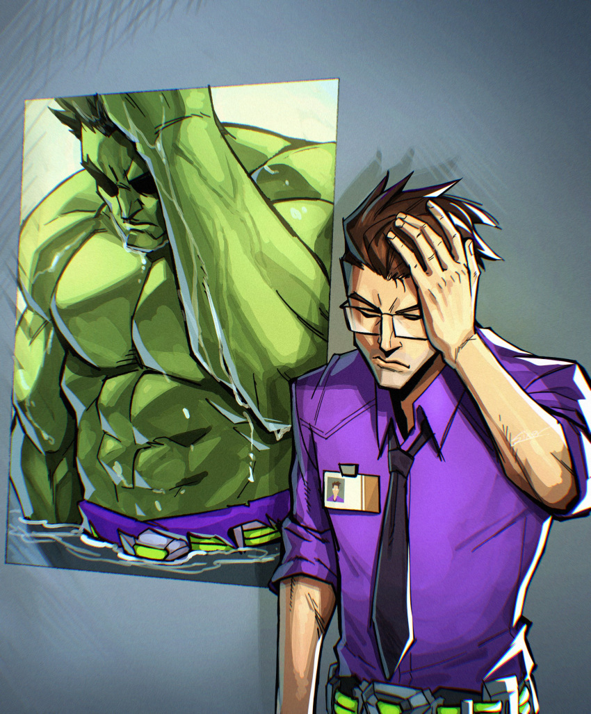 1boy, abs, absurdres, avengers_(series), black_hair, black_necktie, brown_hair, bruce_banner