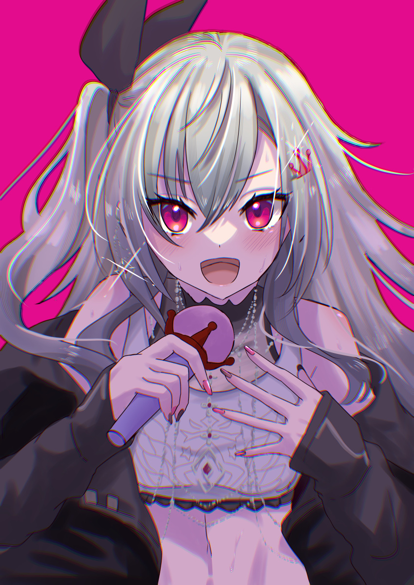 1girl, absurdres, akina_(user_ucnd3578), black_jacket, crown_hair_ornament, grey_hair, highres, holding