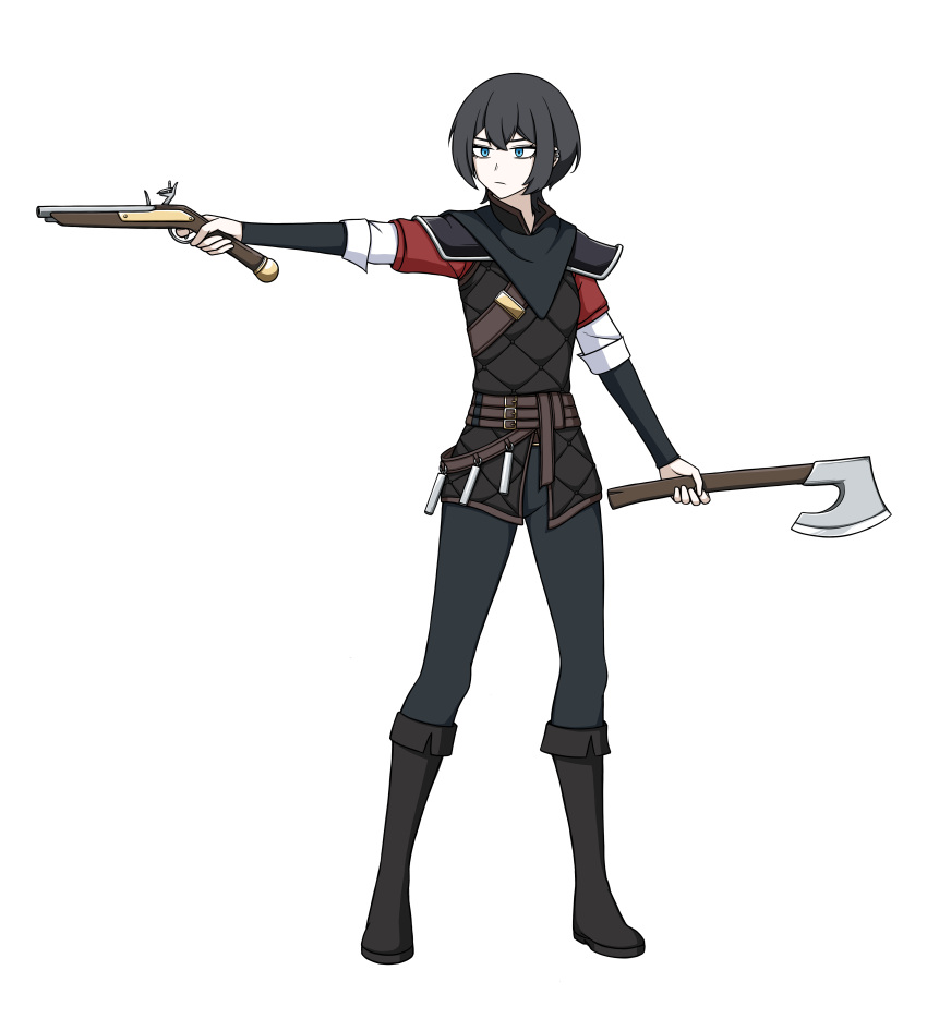 1girl, absurdres, alternate_costume, antique_firearm, armor, axe, black_armor, black_hair
