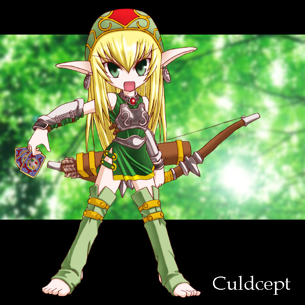 bandana, barefoot, blonde_hair, bow_(weapon), breastplate, card, chibi, culdcept