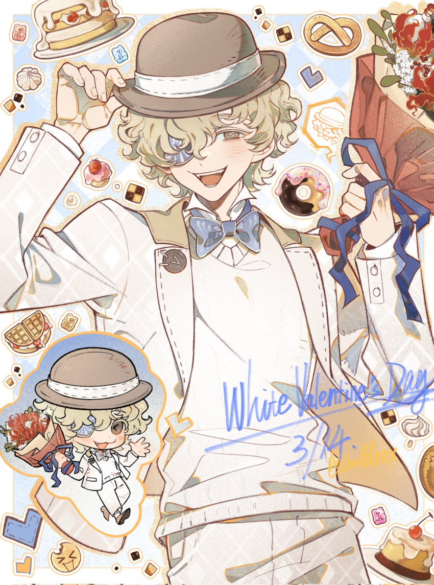 1boy, :d, blonde_hair, blue_bow, blue_bowtie, blue_ribbon, bouquet, bow