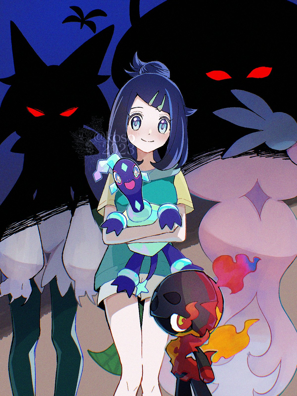 1girl, blue_eyes, blue_hair, blue_shirt, charcadet, hair_bun, hatterene, highres, koso2023, liko_(pokemon), looking_at_viewer, meowscarada, pokemon, pokemon_(anime), pokemon_horizons, red_eyes, shirt, short_hair, shorts, terapagos, terapagos_(normal), turtle, white_shorts