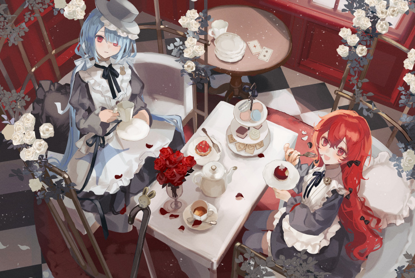 2girls, :d, absurdres, black_bow, black_dress, black_hat, black_ribbon, blue_ribbon