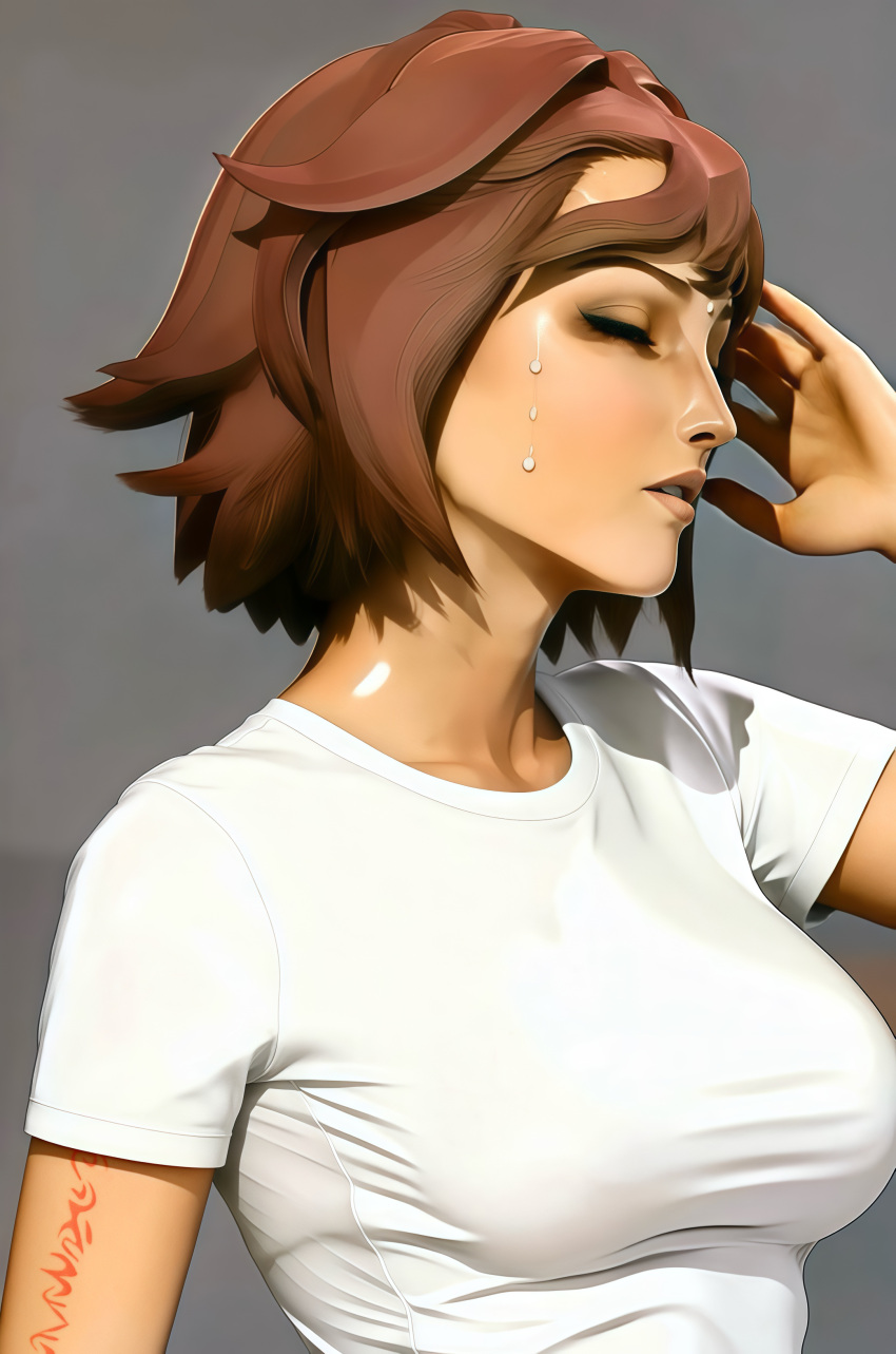 1girl, absurdres, ai-assisted, arm_tattoo, breasts, closed_eyes, green_eyes, highres