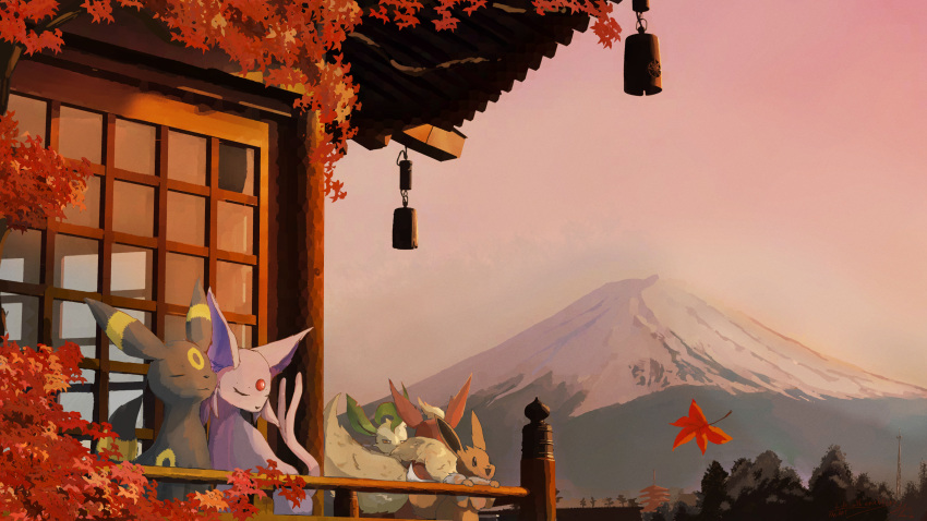 absurdres, architecture, autumn_leaves, black_fur, brown_fur, closed_eyes, closed_mouth, east_asian_architecture