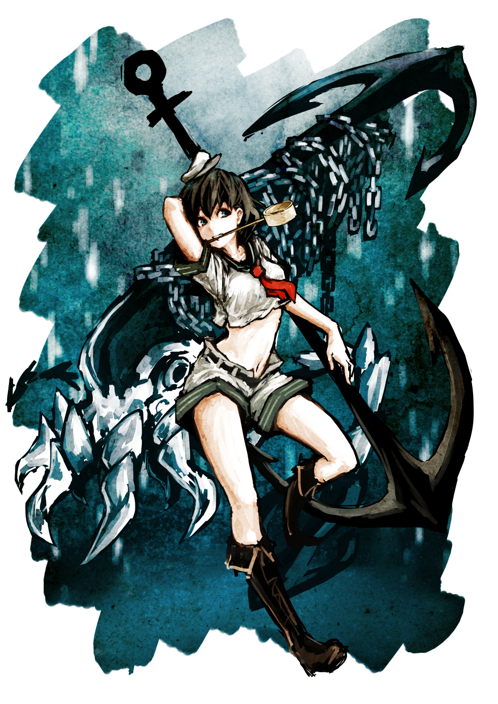 anchor, bad_id, blue_eyes, boots, brown_hair, chain, chains, hat