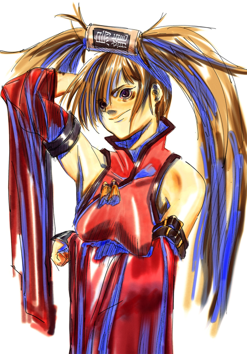 1girl, arm_under_breasts, arm_up, bare_shoulders, breasts, brown_eyes, brown_hair, can, china_dress, chinese_clothes, closed_mouth, commentary_request, detached_sleeves, dress, guilty_gear, hair_ornament, highres, kuradoberi_jam, long_hair, medium_breasts, red_dress, red_sleeves, simple_background, sleeveless, sleeveless_dress, solo, storyteller777, tassel, twintails, very_long_hair, white_background, wide_sleeves