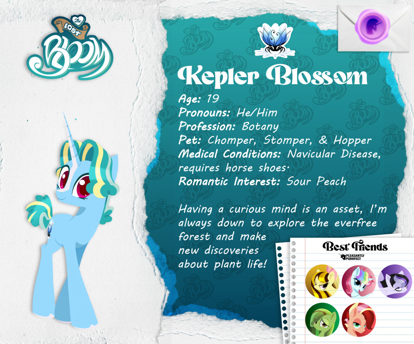 1boy, animal, blonde_hair, blue_hair, blue_skin, character_profile, green_hair, horse