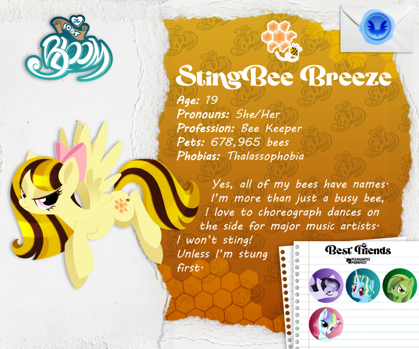 1boy, animal, bee, bee_keeper, black_and_yellow_hair, blonde_hair, bow, brown_hair, character_profile, cutie_mark, eyelashes, flying, honey_bee, horse, multicolored_hair, my_little_pony, my_little_pony:_friendship_is_magic, pink_eyes, ribbon, solo, stingbee_breeze, the_lost_bloom, wings, yellow, yellow_skin