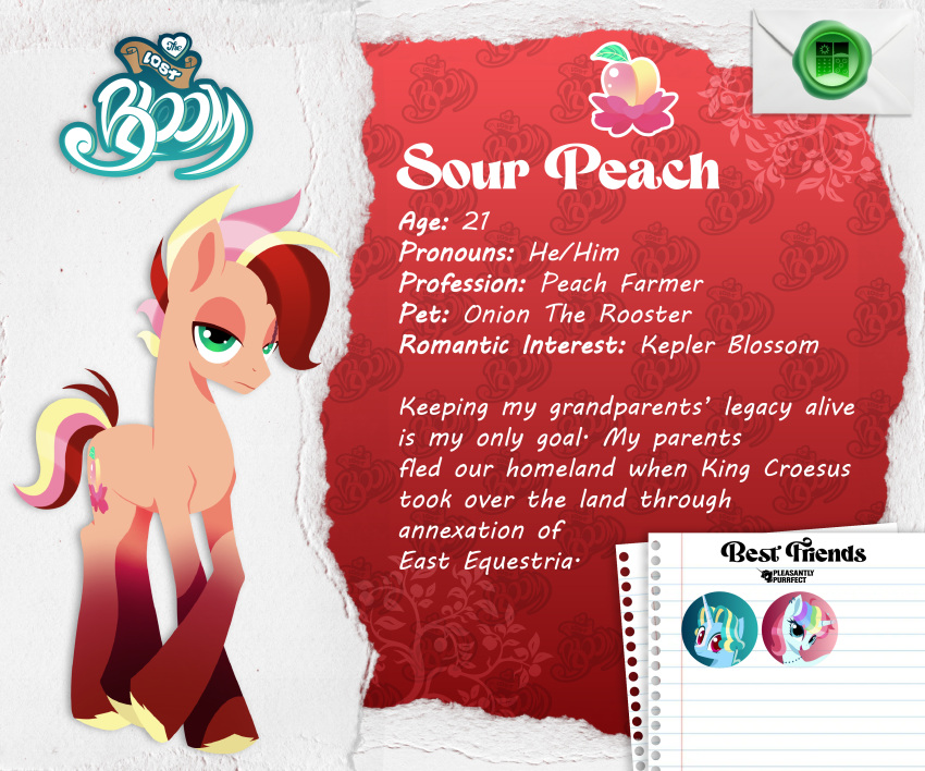 1boy, animal, blonde_hair, character_profile, green_eyes, horse, mohawk, multicolored_hair, my_little_pony, my_little_pony:_friendship_is_magic, orange_skin, pink_hair, red_hair, solo, sour_peach, the_lost_bloom