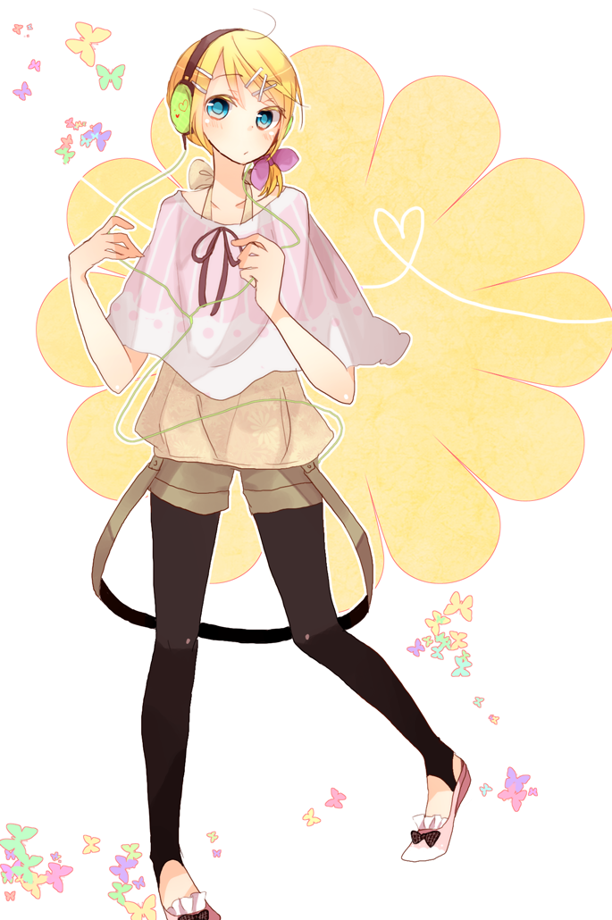 bad_id, blonde_hair, blue_eyes, blush, casual, full_body, headphones, kagamine_rin, kawara, leggings, ribbon, solo, trencker, vocaloid