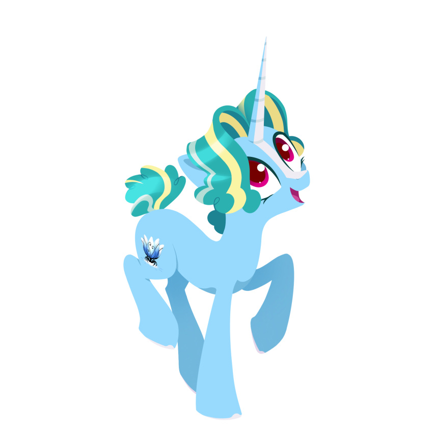 animal, aqua_hair, blonde_hair, blue_skin, cutie_mark, full_body, green_hair, horn