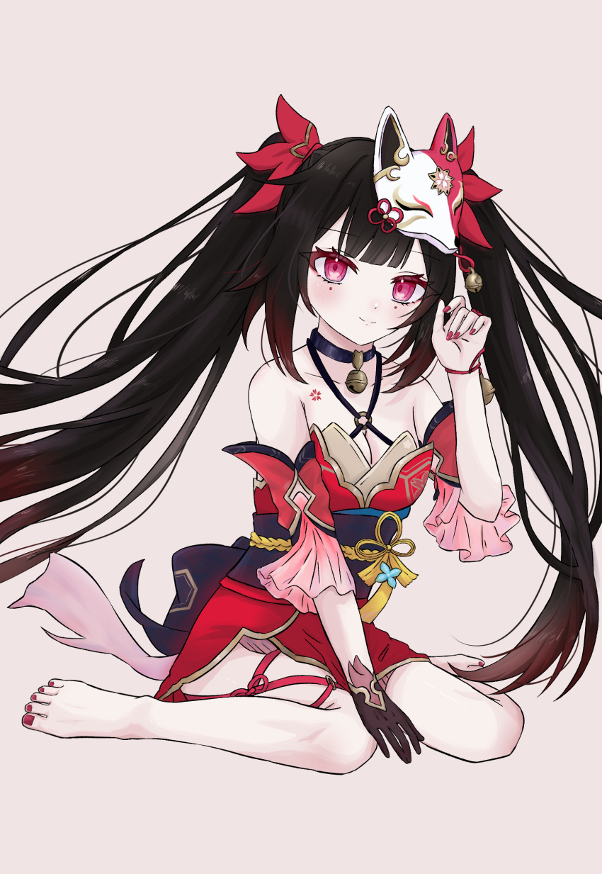 1girl, absurdres, akina_(user_ucnd3578), barefoot, black_choker, black_gloves, black_hair, bow