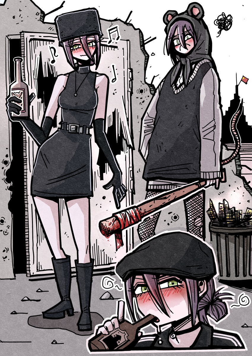 absurdres, adidas, alcohol, baseball_bat, black_sweater, blood, blush, bottle
