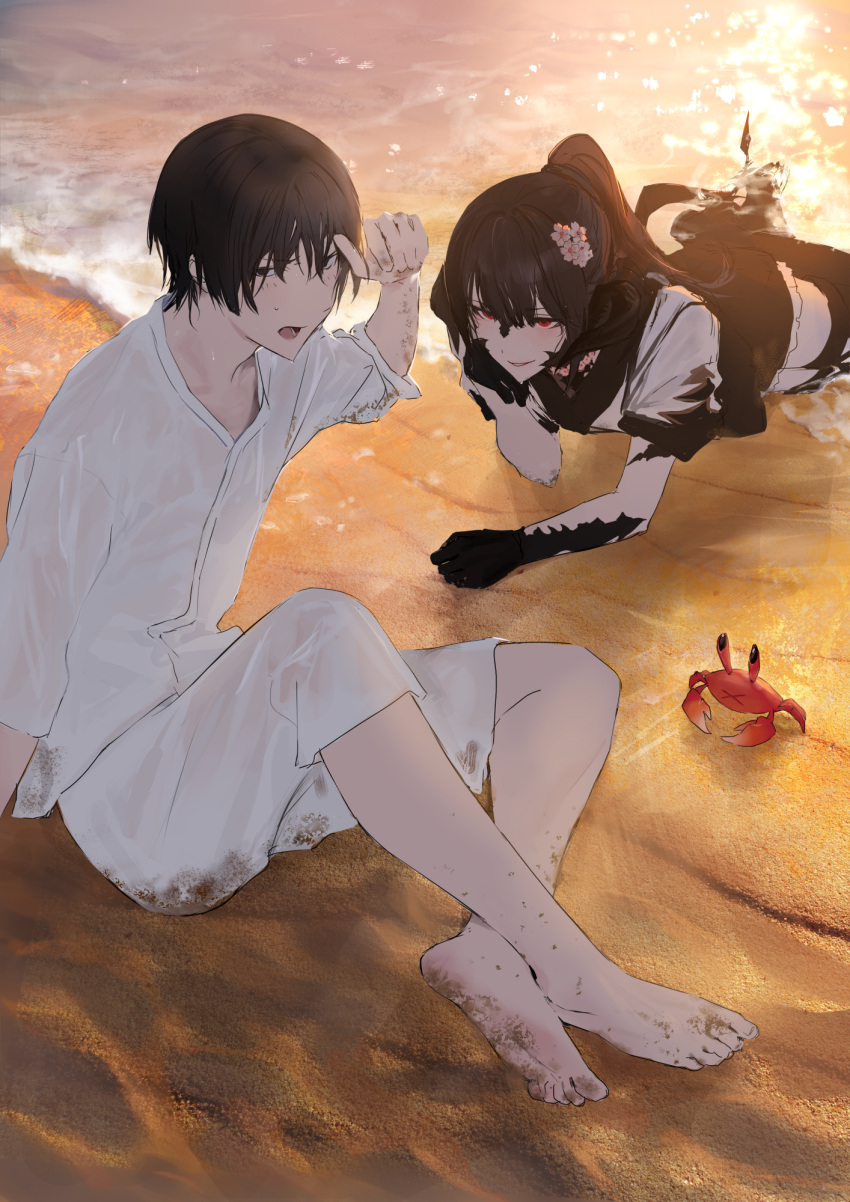1boy, 1other, asahi_sas_brutus, au_ra, beach, black_gloves, black_hair, black_scales, blush, commission, commissioner_upload, crab, final_fantasy, final_fantasy_xiv, flower, gloves, hair_flower, hair_ornament, high_ponytail, highres, hyur, looking_at_another, looking_at_viewer, nozouko, pants, partially_submerged, ponytail, sand, shirt, sleeves_rolled_up, summer, warrior_of_light_(ff14), water, white_pants, white_shirt