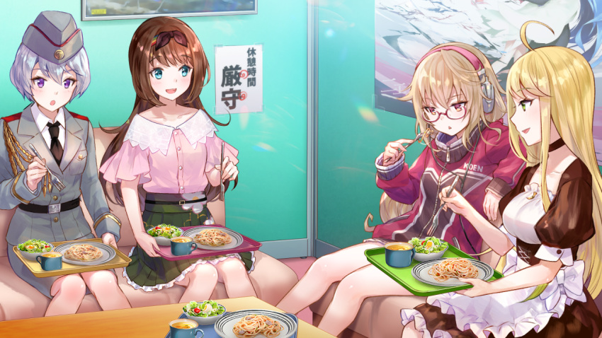 4girls, :<, :d, :o, ahoge, aiguillette, black_bow, black_choker