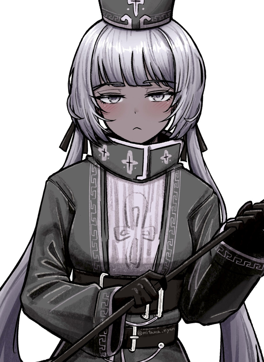 1girl, artist_name, belt, black_gloves, black_hat, blush, charon_(project_moon), commentary