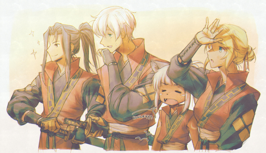 >_<, 2boys, 2girls, black_hair, blonde_hair, blue_eyes, castti_florenz, commentary