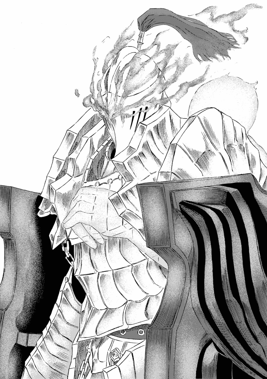 1boy, 913kousatu, absurdres, armor, breastplate, commentary_request, dark_souls_(series), dark_souls_ii, dual_wielding, ghost, glowing, glowing_eyes, greyscale, helm, helmet, highres, holding, holding_shield, knight, male_focus, monochrome, plume, sellsword_luet, shield, solo, upper_body