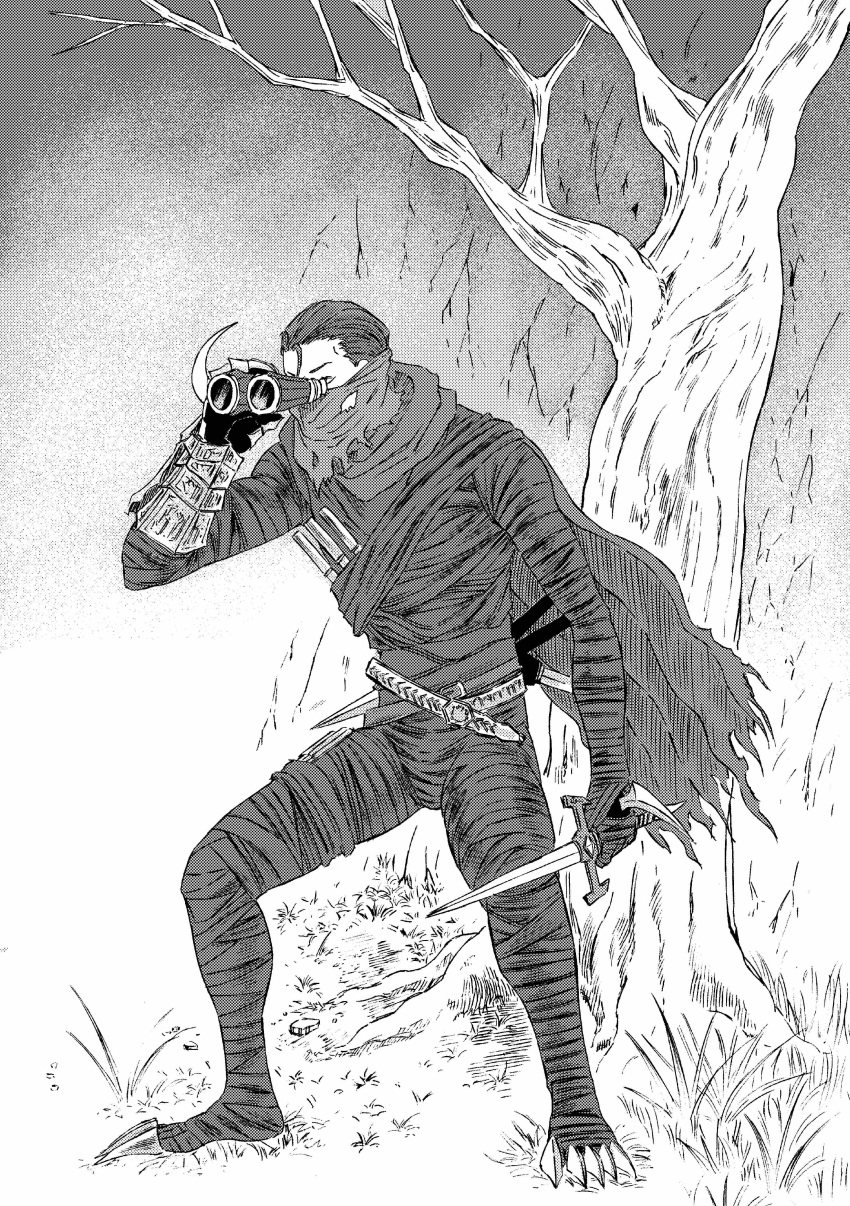 1boy, 913kousatu, absurdres, bare_tree, bashful_ray, binoculars, bodysuit, cape, claws, commentary_request, dagger, dark_souls_(series), dark_souls_ii, full_body, gloves, grass, greyscale, highres, holding, holding_binoculars, holding_dagger, holding_knife, holding_weapon, knife, looking_afar, male_focus, monochrome, short_hair, solo, standing, torn_cape, torn_clothes, tree, weapon