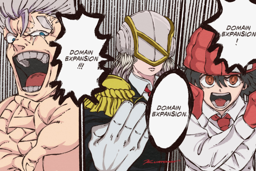 1boy, 2girls, andy_(undead_unluck), beanie, black_hair, black_shirt, blonde_hair, covered_eyes