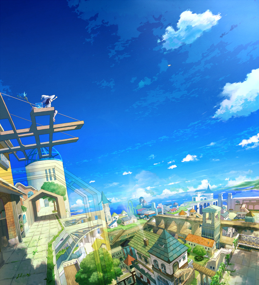 bird, blue_sky, chimney, cityscape, cloud, clouds, dutch_angle, fantasy