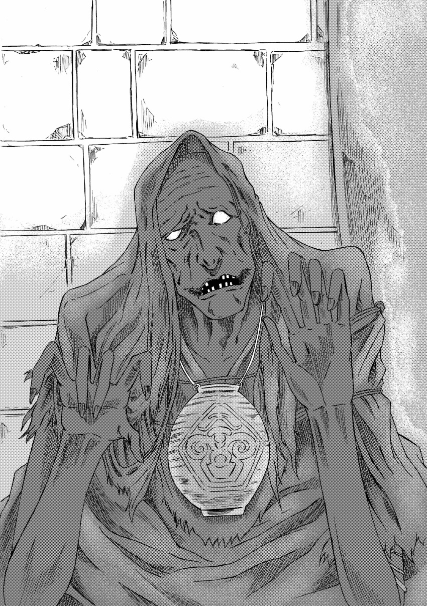 1boy, 913kousatu, absurdres, bloodborne, commentary_request, greyscale, highres, hood