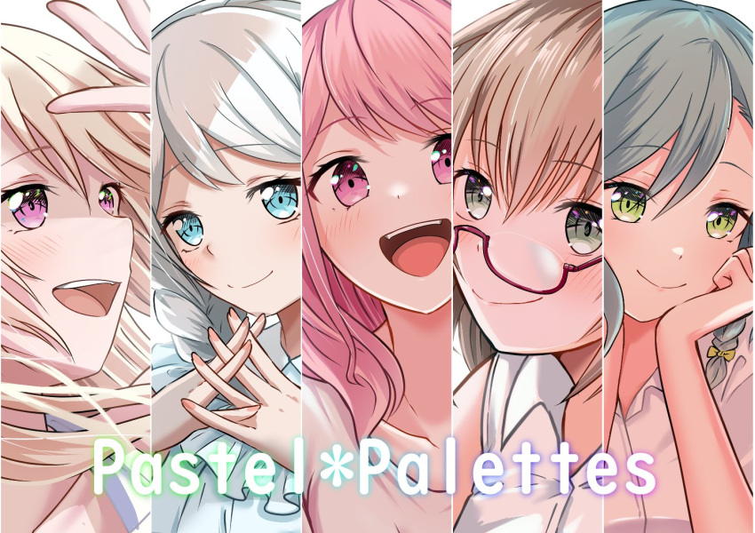 5girls, bang_dream!, blue_eyes, brown_hair, fukumaru1021, glasses, green_eyes, green_hair