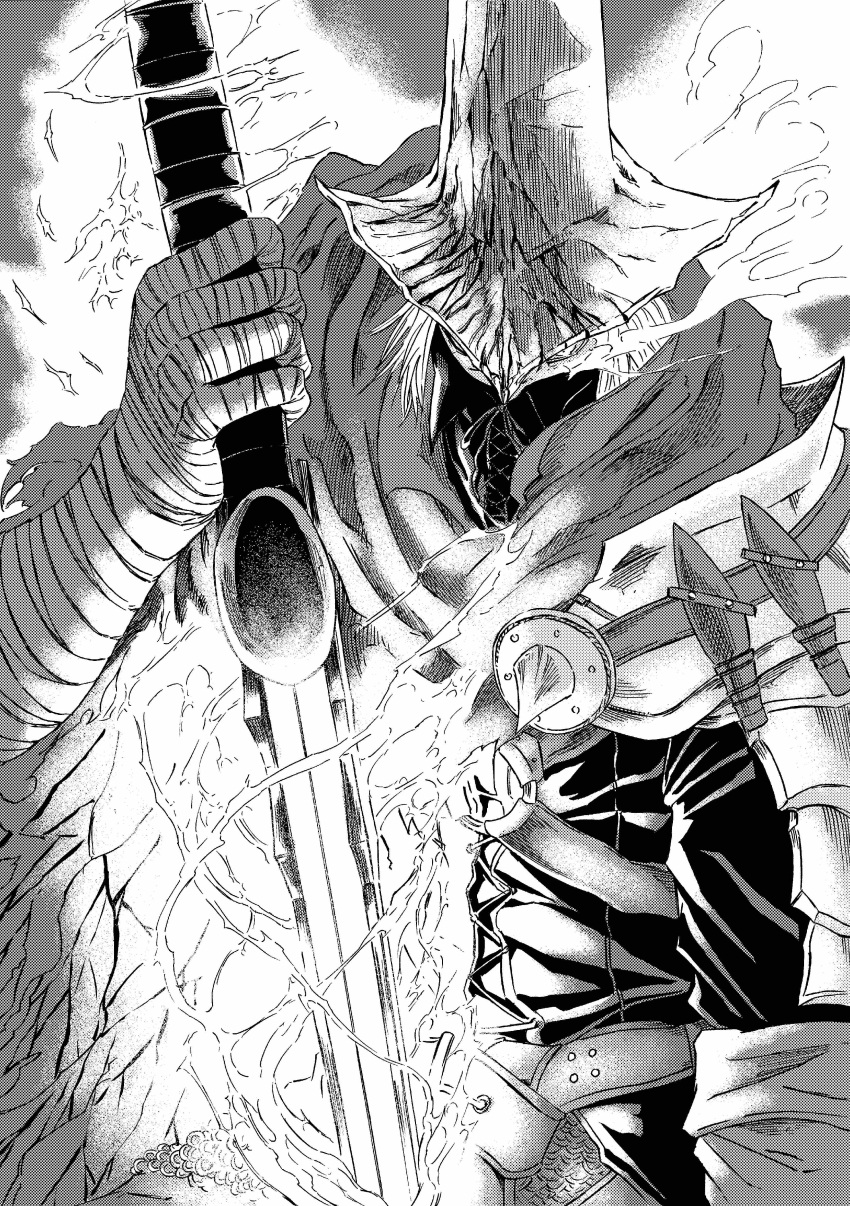 1boy, 913kousatu, absurdres, abyss_watcher, bandaged_arm, bandages, cape, commentary_request