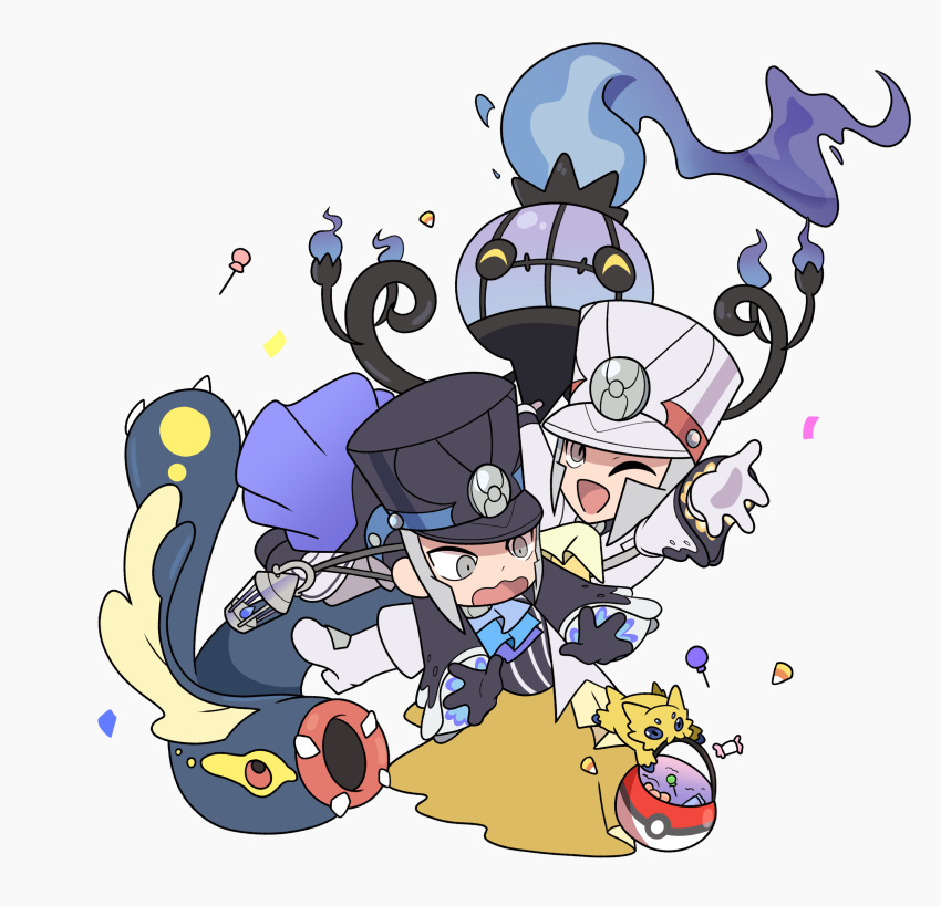 2boys, absurdres, ascot, black_gloves, black_hat, blue_ascot, brothers, candy, chandelure, chibi, confetti, cosplay, eelektross, emmet_(pokemon), emmet_(sygna_suit)_(pokemon), food, galaxysketches, gloves, grey_background, grey_hair, hat, highres, ingo_(pokemon), ingo_(pokemon)_(cosplay), ingo_(sygna_suit)_(pokemon), joltik, lollipop, male_focus, multiple_boys, official_alternate_costume, one_eye_closed, pokemon, pokemon_(creature), pokemon_masters_ex, siblings, simple_background, white_gloves, white_hat, yellow_ascot