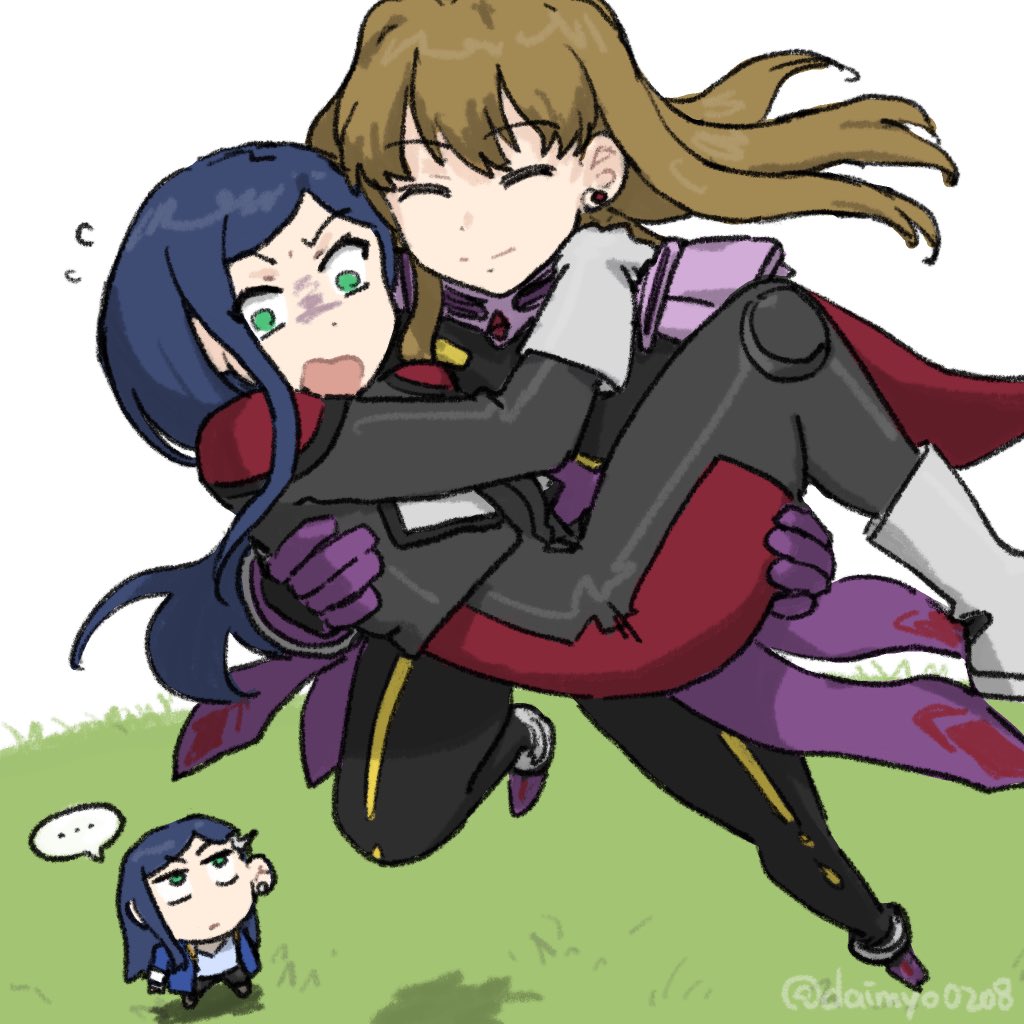 3girls, biker_clothes, bikesuit, black_bodysuit, blue_hair, bodysuit, brown_hair, carrying