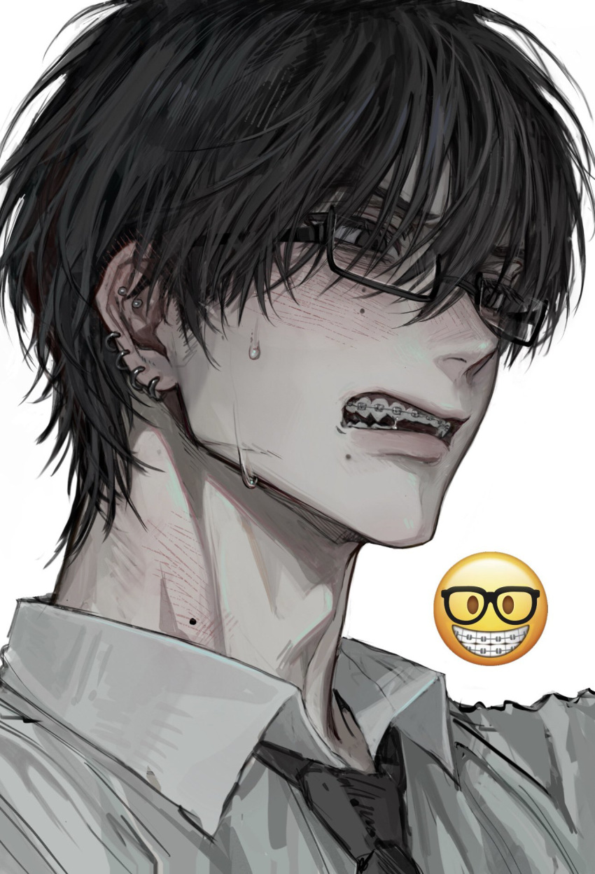 1boy, black-framed_eyewear, black_eyes, black_hair, black_necktie, blush, braces, collared_shirt, commentary, dress_shirt, ear_blush, earrings, embarrassed, emoji, empty_eyes, furrowed_brow, glasses, hair_between_eyes, hair_over_one_eye, highres, hoop_earrings, jewelry, looking_ahead, male_focus, mole, mole_on_neck, mole_under_eye, mole_under_mouth, multiple_earrings, multiple_moles, muted_color, neck_blush, necktie, nerd_emoji, open_mouth, original, realistic, realistic_teeth, saliva, scar, scar_on_face, semi-rimless_eyewear, shirt, short_hair, solo, sweat, symbol-only_commentary, t0myu3, teeth, under-rim_eyewear, upper_body, white_background, white_shirt, wing_collar