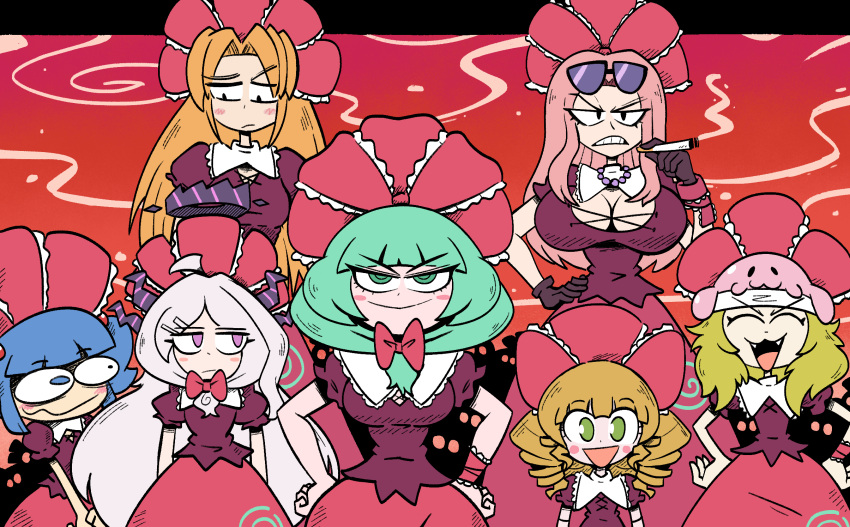 6+girls, ahoge, black_halo, blonde_hair, blue_hair, blush, breasts, commentary, cosplay, demon_girl, demon_horns, english_commentary, fangs, green_eyes, green_hair, halo, highres, hina_(blue_archive), hina_(hunter_x_hunter), hina_(one_piece), hinaichigo, horns, hunter_x_hunter, kagiyama_hina, kagiyama_hina_(cosplay), kawashiro_nitori, kevin_arthur, long_hair, looking_at_viewer, love_hina, multiple_girls, name_connection, narusegawa_naru, open_mouth, orange_hair, pink_hair, rozen_maiden, small_breasts, touhou, very_long_hair, violet_eyes, white_hair