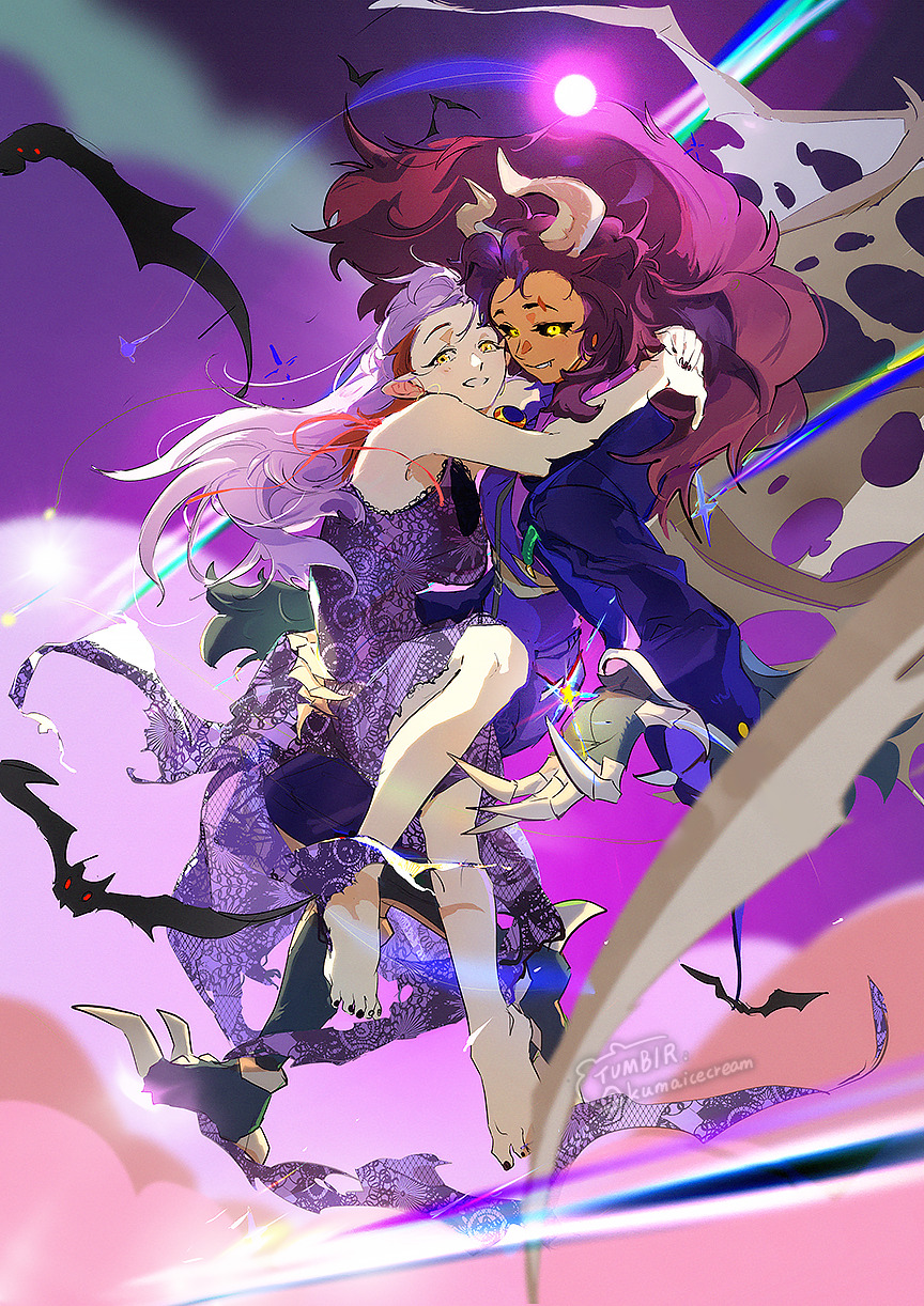 2girls, amity_blight, bare_legs, barefoot, bat_(animal), black_nails, black_sclera, brown_hair