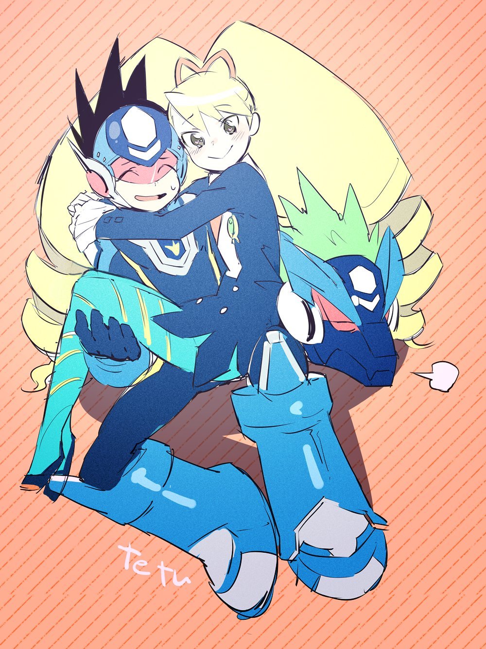 1girl, 2boys, bad_id, bad_twitter_id, blonde_hair, blue_dress, blue_pantyhose, blush