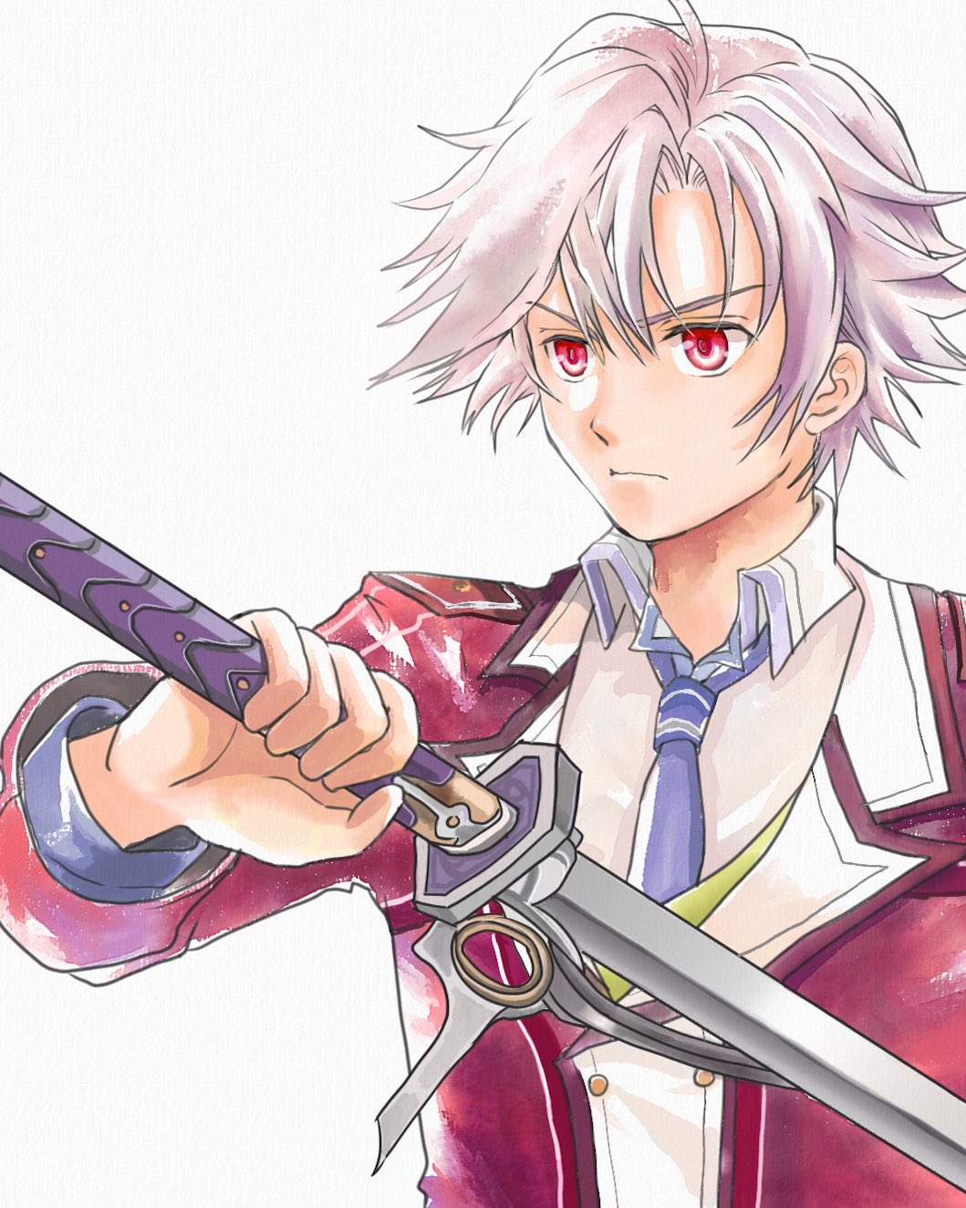 1boy, blue_necktie, curtained_hair, eiyuu_densetsu, folded_collar, hair_between_eyes, highres, holding