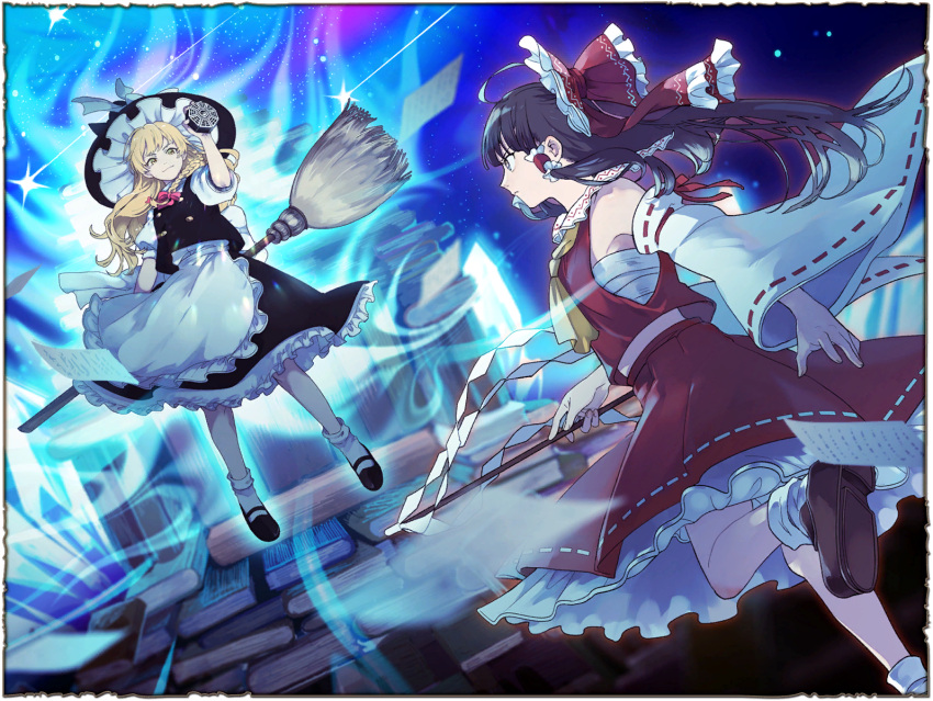 2girls, apron, artist_request, ascot, aura, black_hat, black_shoes, black_skirt