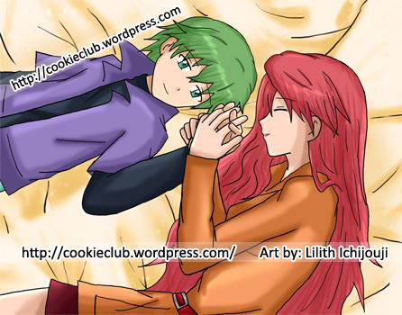 1boy, 1girl, belt, blanket, closed_eyes, closed_mouth, drew_(pokemon), green_eyes