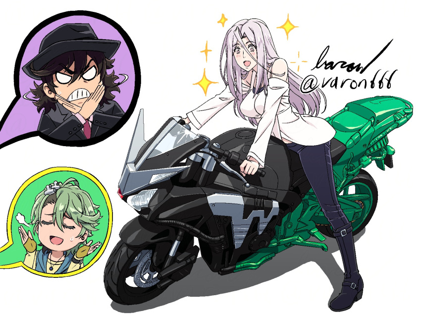 1girl, 2boys, artist_name, bare_shoulders, baron_(varon666), black_hair, black_pants, breasts