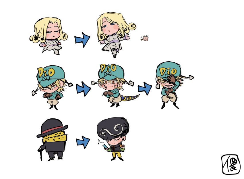 1other, 3boys, aqua_hat, arrow_(symbol), black_hair, black_hat, blonde_hair, blue_eyes