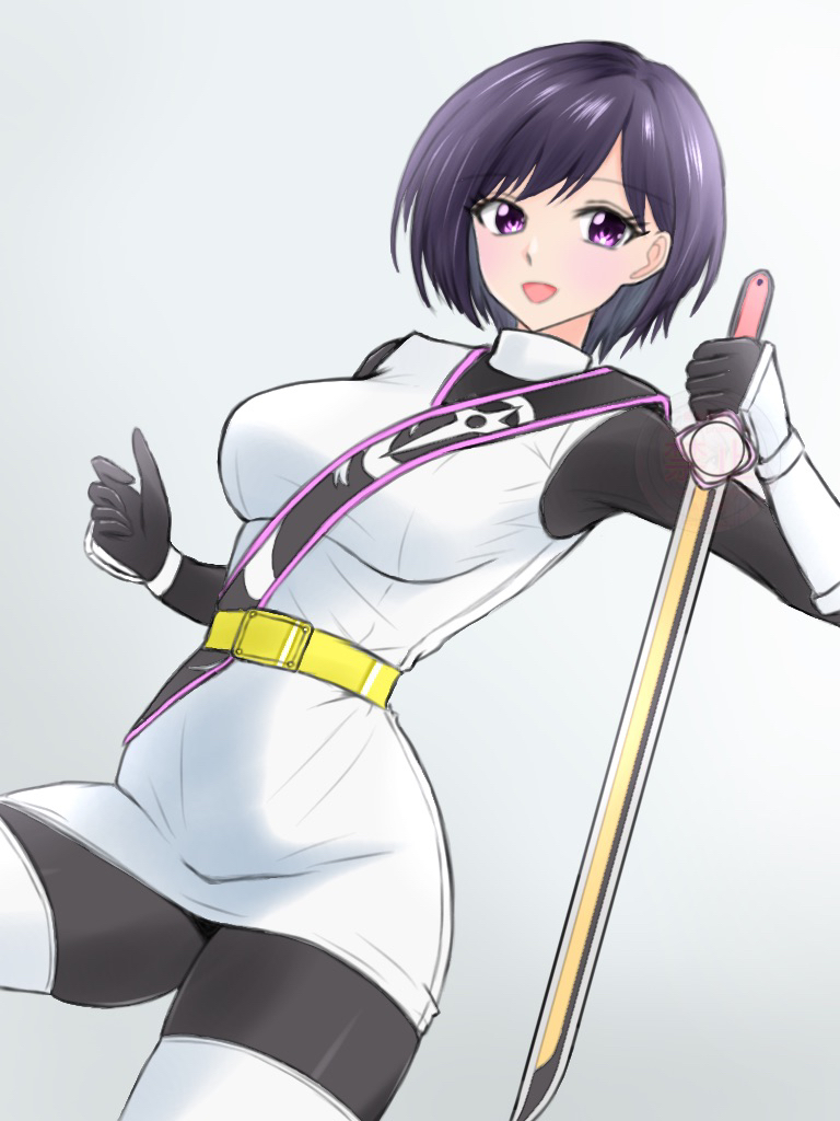1girl, :d, animification, belt, belt_buckle, black_bodysuit, black_gloves, black_hair, black_pantyhose, black_sash, blush, bob_cut, bodysuit, breasts, buckle, commentary, cowboy_shot, dutch_angle, gauntlets, gloves, gold_belt, high_collar, holding, holding_sword, holding_weapon, igasaki_fuuka, light_blush, looking_at_viewer, medium_breasts, multicolored_bodysuit, ninja, no_headwear, open_mouth, pantyhose, pink_eyes, pink_trim, rai3star, sash, shironinger, short_hair, shuriken_sentai_ninninger, simple_background, smile, solo, super_sentai, swept_bangs, sword, thigh-highs, tokusatsu, two-tone_bodysuit, watermark, weapon, white_background, white_bodysuit, white_thighhighs