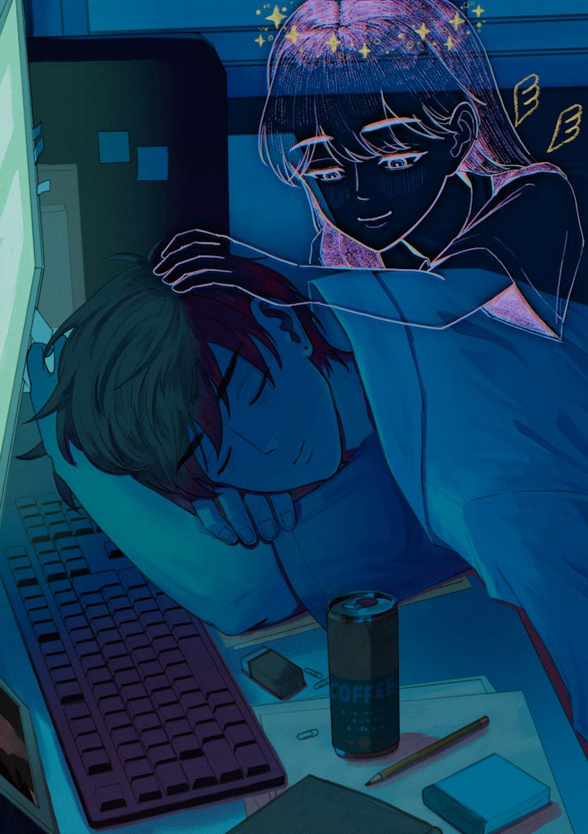 1boy, brown_hair, closed_eyes, closed_mouth, computer_keyboard, dark-skinned_male, dark_skin, hero_(faraway)_(omori)