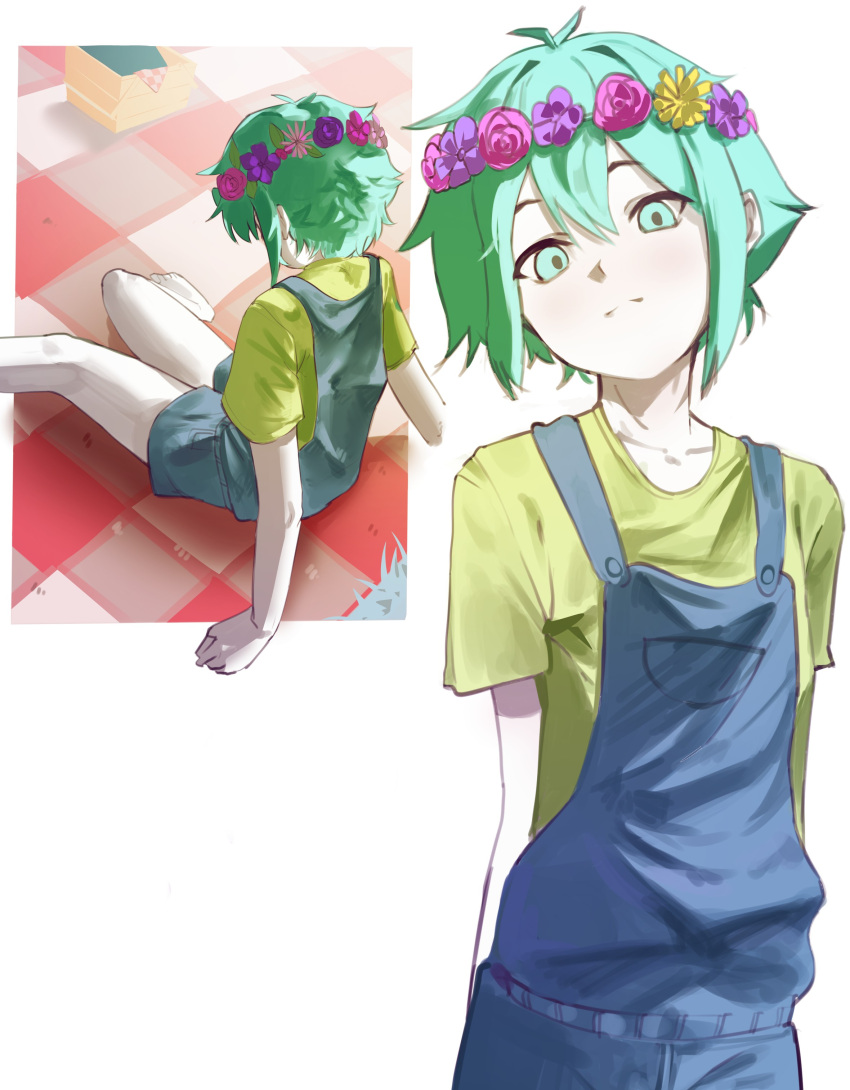 1boy, absurdres, antenna_hair, basil_(headspace)_(omori), basil_(omori), blue_overalls, checkered_blanket, closed_mouth