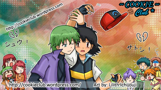 2boys, anabel_(pokemon), anger_vein, angie_(pokemon), ash_ketchum, black_hair, brianna_(pokemon), drew_(pokemon), green_hair, hat, lilithichijouji, macy_(pokemon), may_(pokemon), misty_(pokemon), multiple_boys, multiple_girls, pokemon, pokemon_(anime), pokemon_dppt_(anime), pokemon_rse_(anime), solidad_(pokemon)