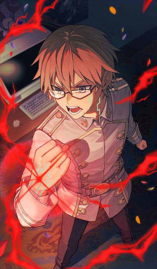 1boy, belt, black_pants, blue_eyes, brown_hair, caules_forvedge_yggdmillennia, clenched_hands, command_spell