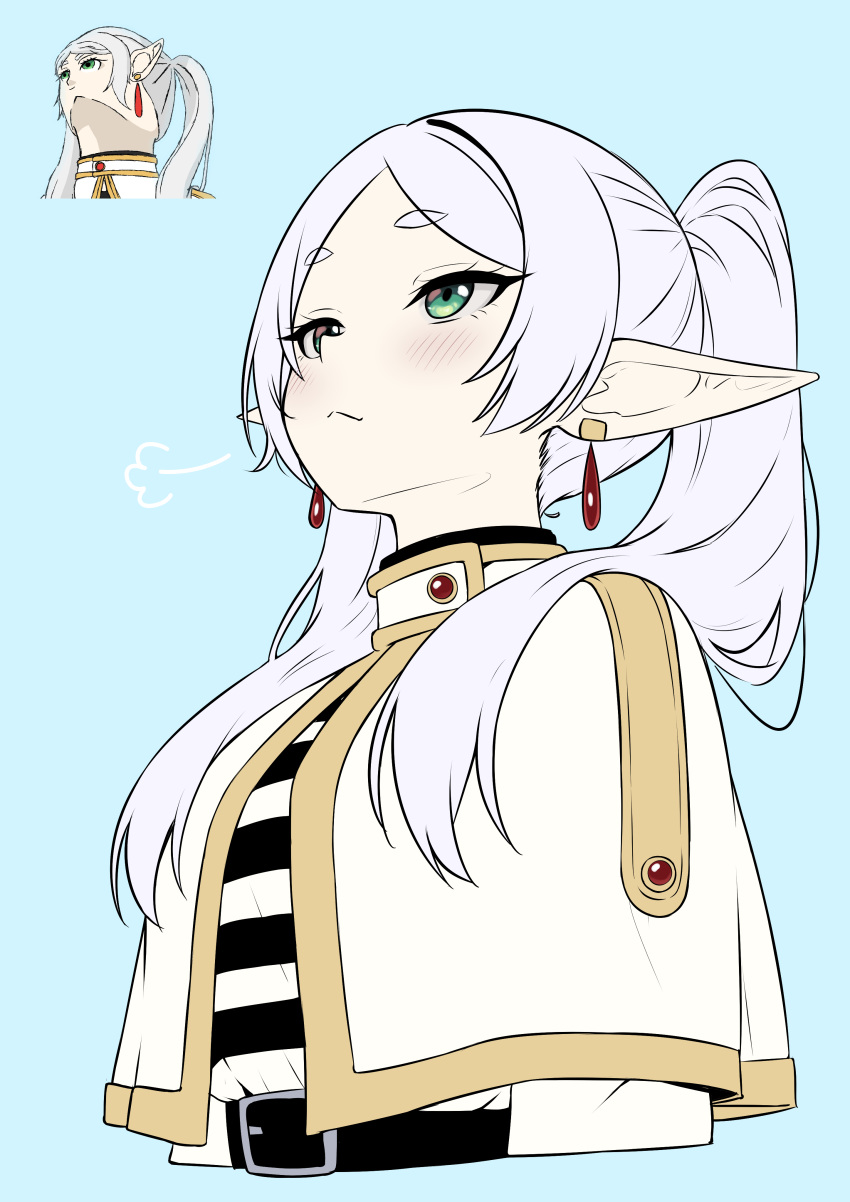 1girl, absurdres, belt, black_belt, blue_background, blush, capelet, closed_mouth