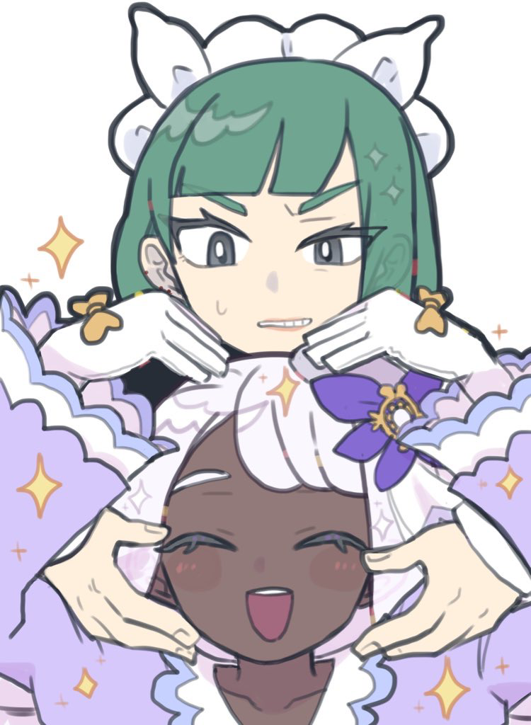 2girls, :d, closed_eyes, dark-skinned_female, dark_skin, dress, frills, furrowed_brow